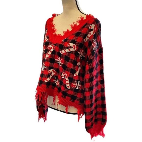 Derek Heart Distressed Cropped V Neck Sweater Junior Size L Plaid Candy Cane - Picture 8 of 16